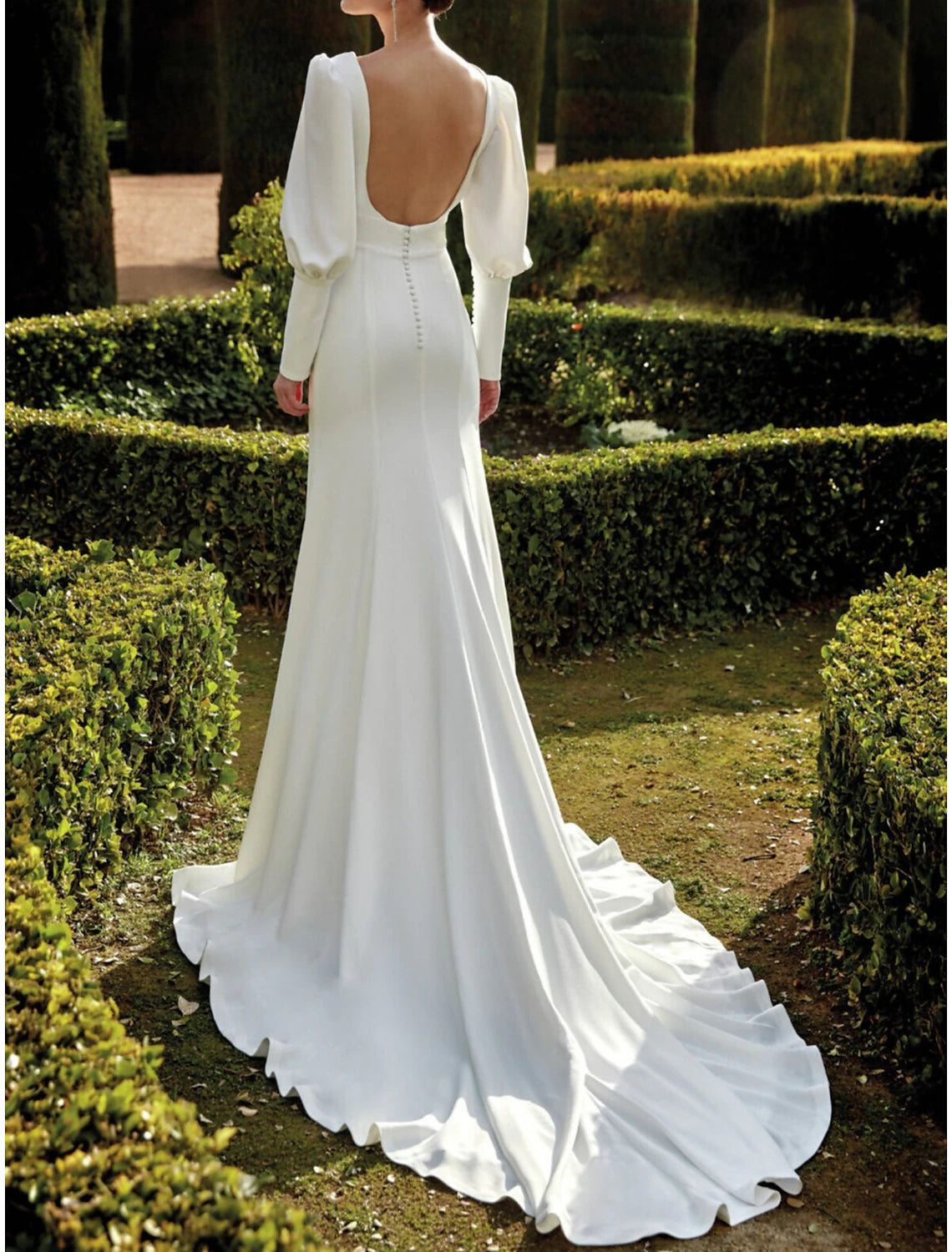 Vestidos de novia formales de otoño con espalda abierta, estilo real, corte en V, manga larga, cola de corte, tela, abertura frontal, color liso, para fiesta de bodas de verano