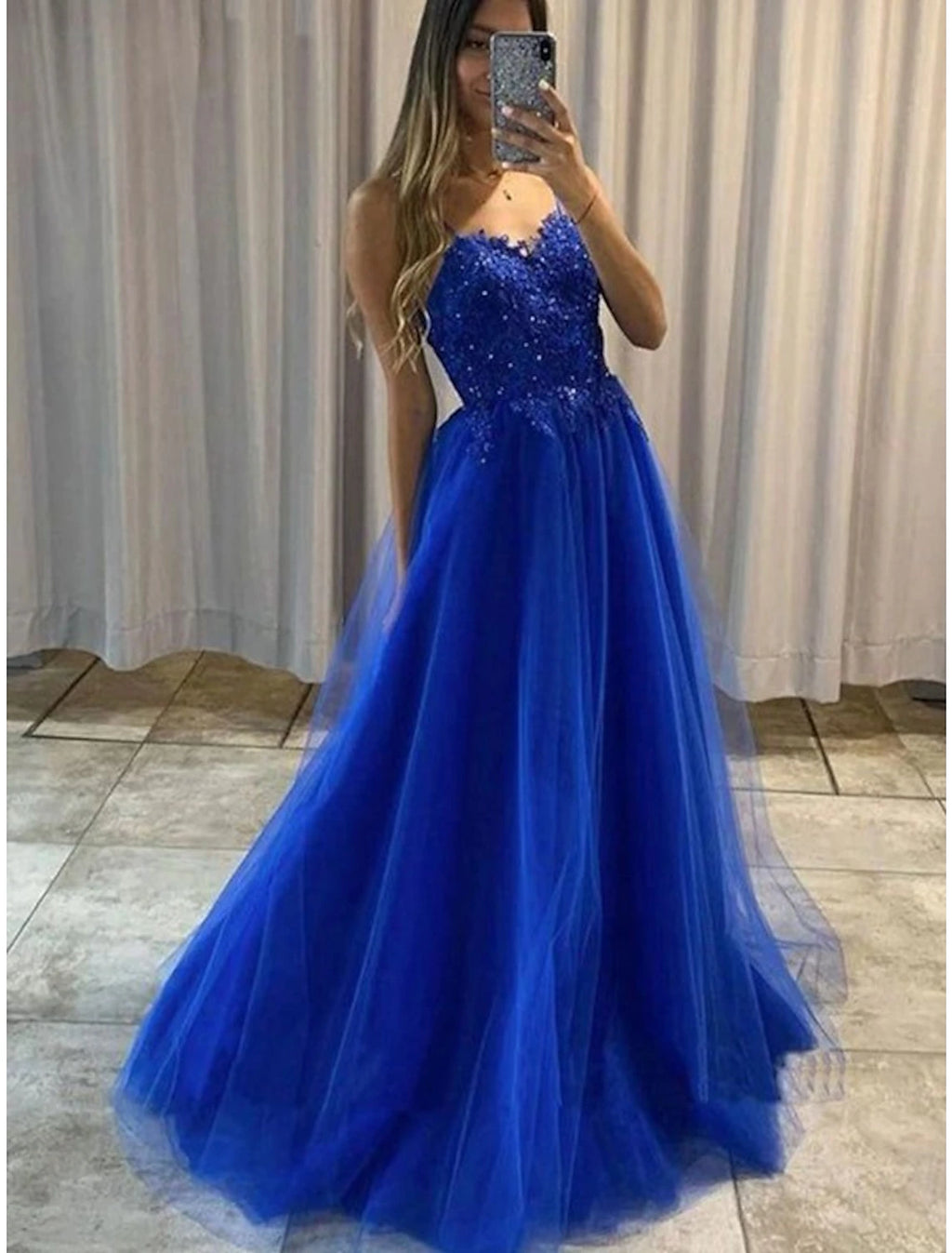 Royal Blue Tulle A-Line Floor-Length Evening Dress with Sweetheart Neckline and Embellished Lace Bodice