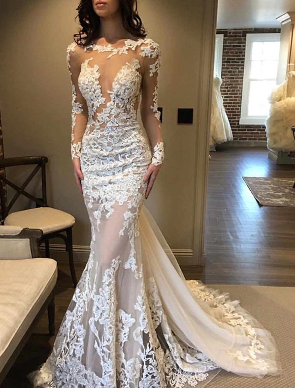 Ivory Lace Mermaid Wedding Dress with Illusion Neck & Long Sleeves