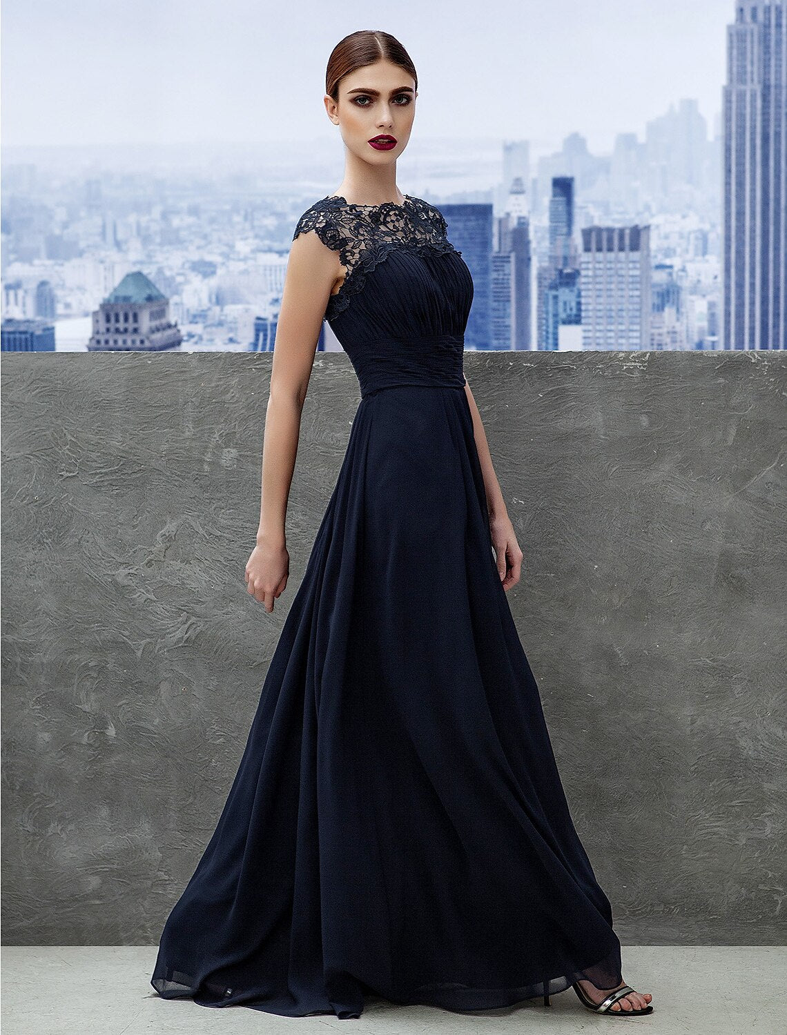 Dark Navy Chiffon A-Line Floor-Length Dress with Lace Overlay Bodice
