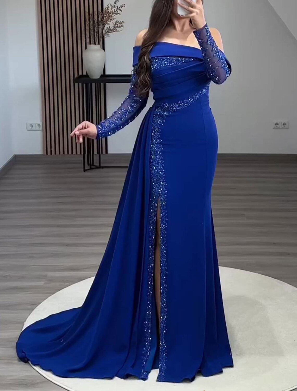 Sheath / Column Glitter Evening Gown Elegant Dress Formal Prom Floor Length Long Sleeve Off Shoulder  Fabric with Ruched Sequin