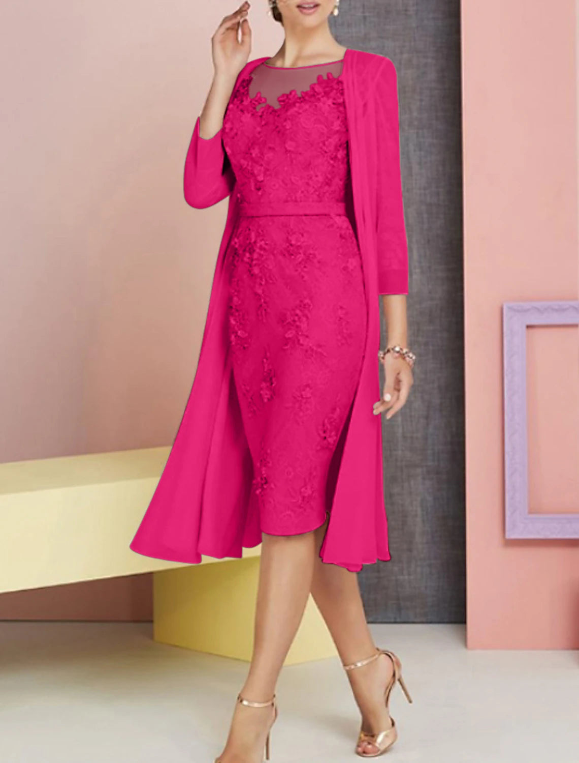 Abito da cerimonia per la madre della sposa, in due pezzi, con scollo a barchetta, lunghezza al ginocchio, in chiffon, pizzo, maniche a 3/4, per invitati al matrimonio, in chiesa, elegante, vintage, taglie forti, con applicazioni