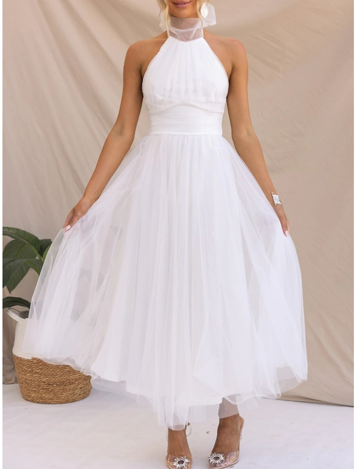 Women's Prom Dress Party Dress Homecoming Dress Long Dress Maxi Dress Black White Yellow Sleeveless Pure Color Mesh Summer Spring Halter Neck Fashion Evening Party Wedding Guest Vacation