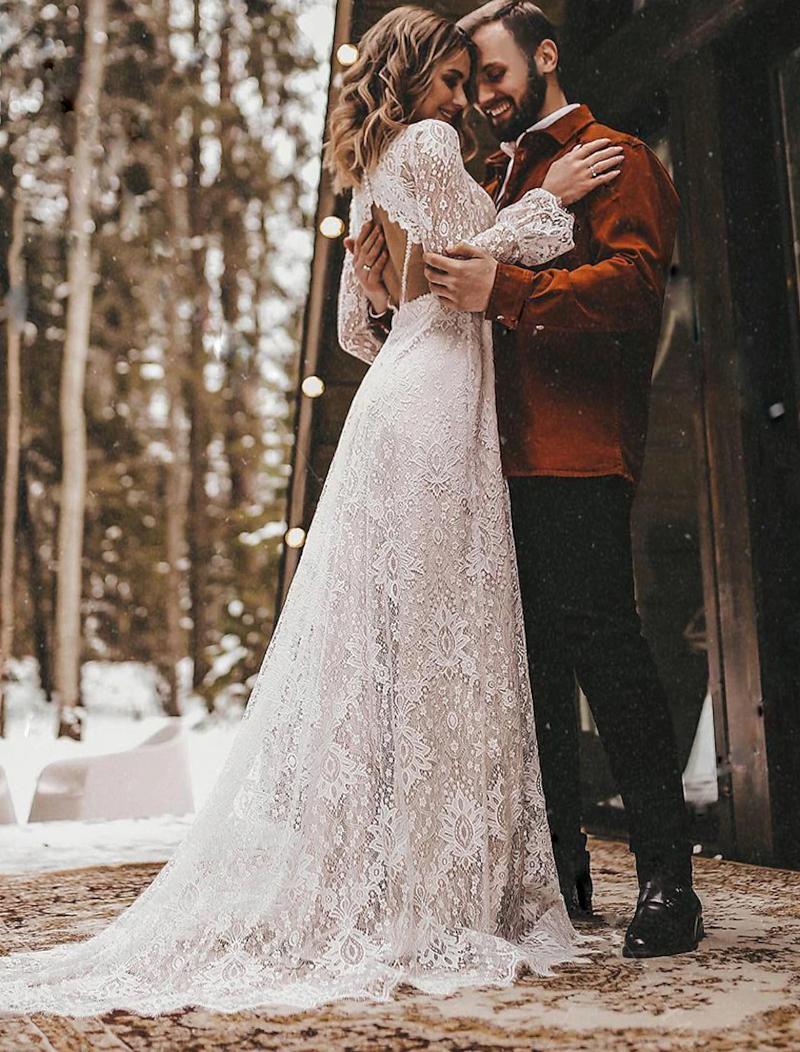 Vestidos de novia bohemios con espalda descubierta, corte A, escote en V, manga larga, cola de corte, encaje, color liso