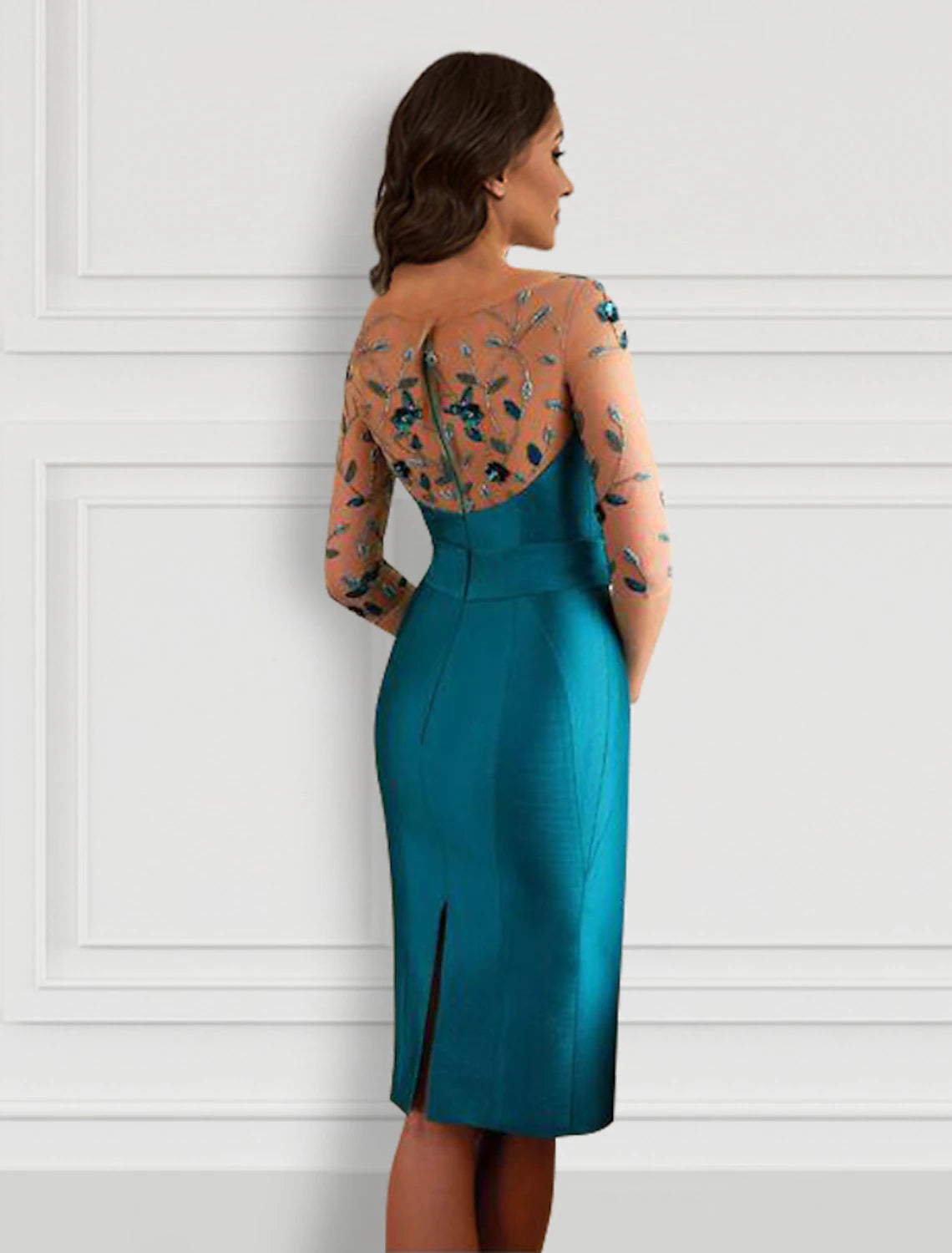 Teal Satin Sheath/column Knee-Length Evening Dress with Embellished Illusion Sleeves
