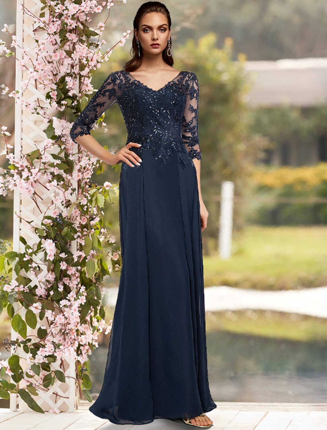 Vestido elegante para madre de la novia, con corte en V, brillo y columna, largo hasta el suelo, de gasa, encaje, mangas 3/4 con apliques de lentejuelas