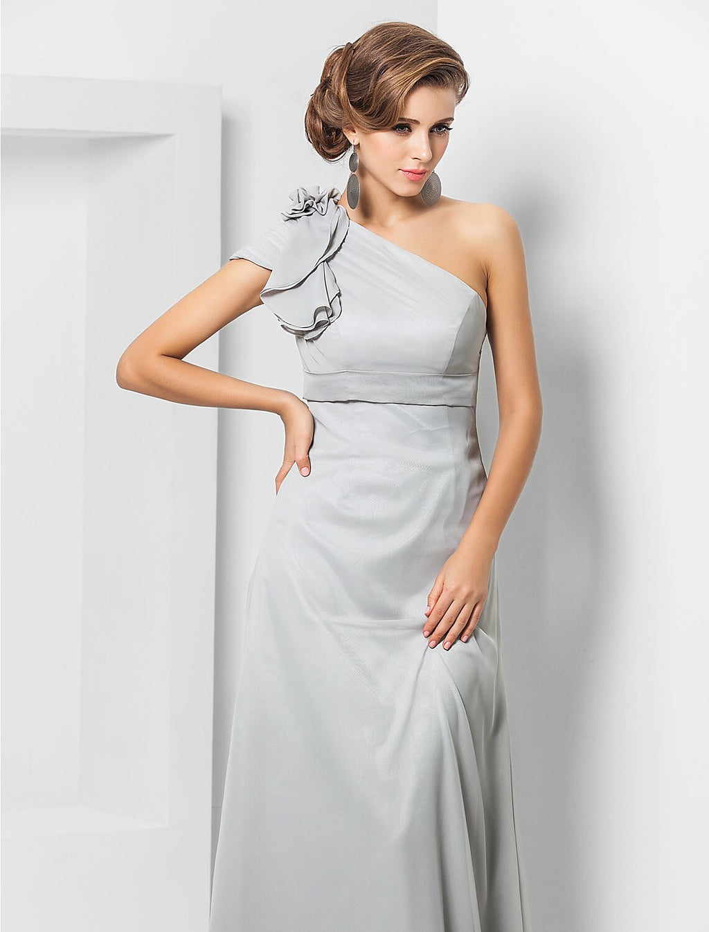 Vestido elegante de fiesta para invitados de boda, de noche, largo hasta el suelo, sin mangas, con un hombro al descubierto, de gasa, con apliques de faja o cinta.
