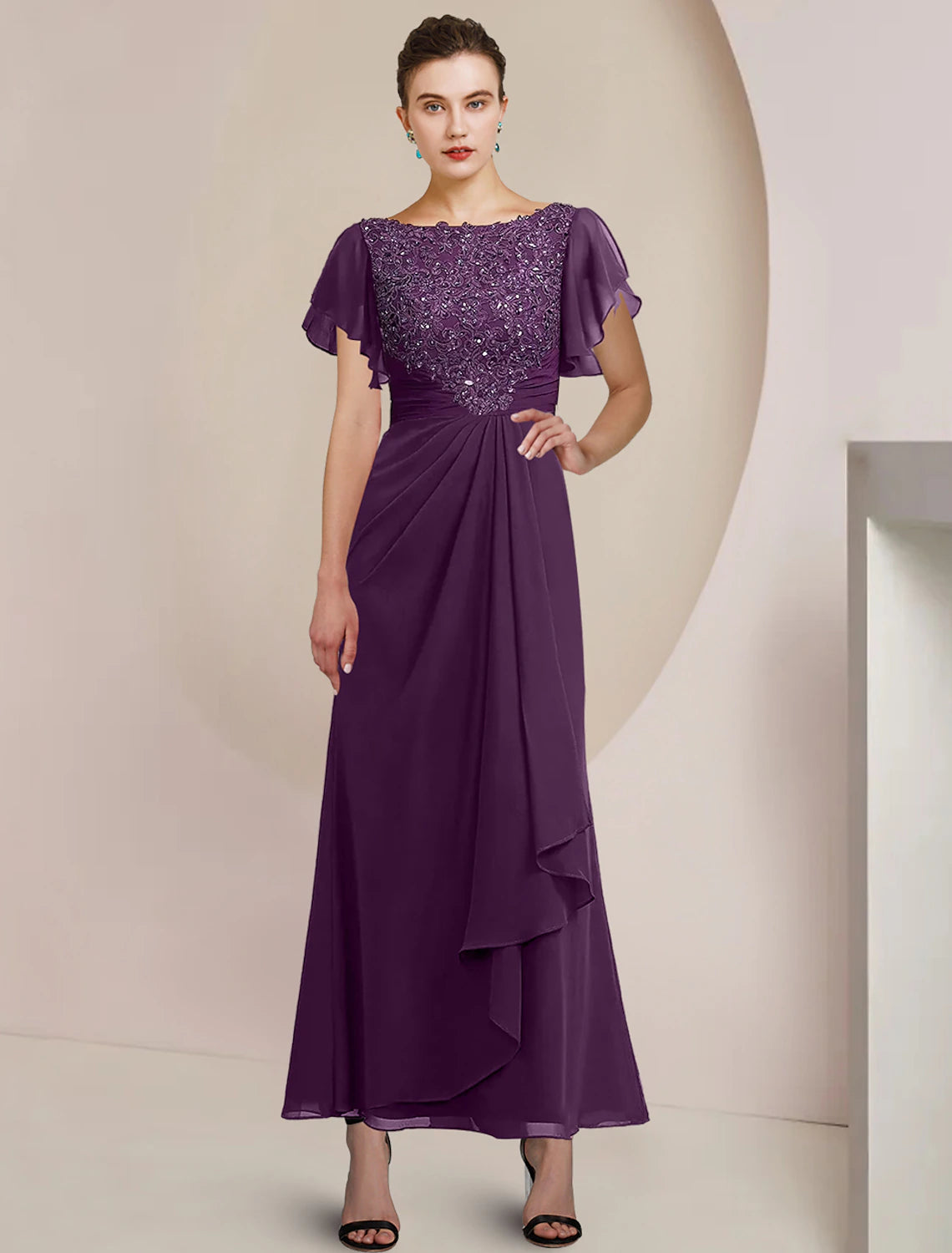 Abito da cerimonia per la madre della sposa, a trapezio, elegante, in chiffon, con scollo a barchetta, lunghezza tè, maniche a 3/4, con applicazioni di perline e paillettes