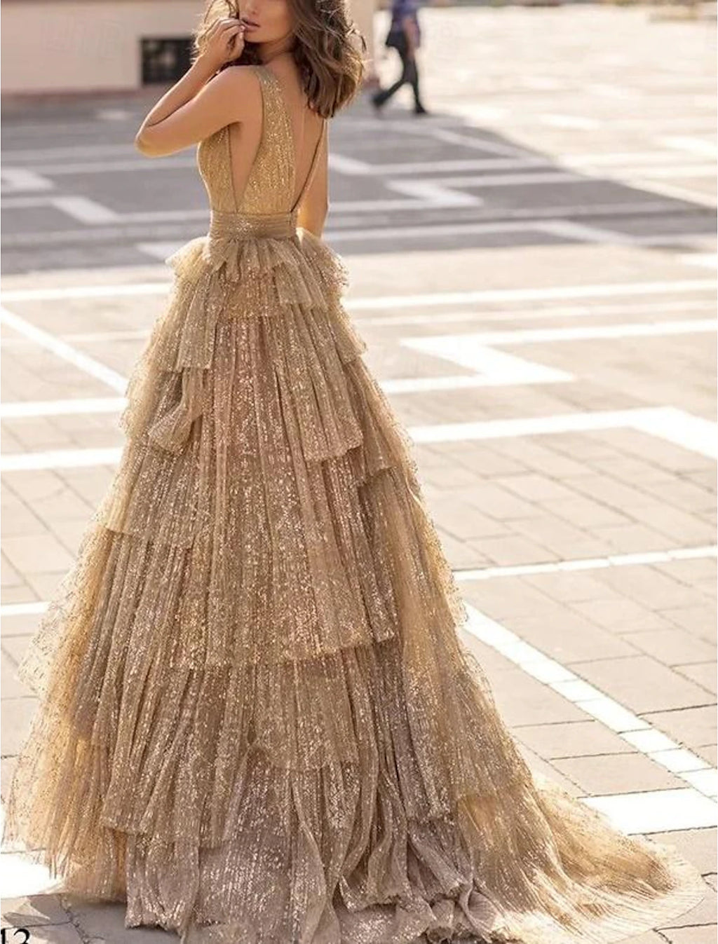 Gold Glitter A-Line V-Neck Floor-Length Evening Dress