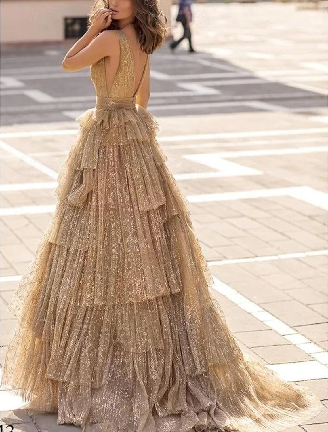 Gold Glitter A-Line V-Neck Floor-Length Evening Dress