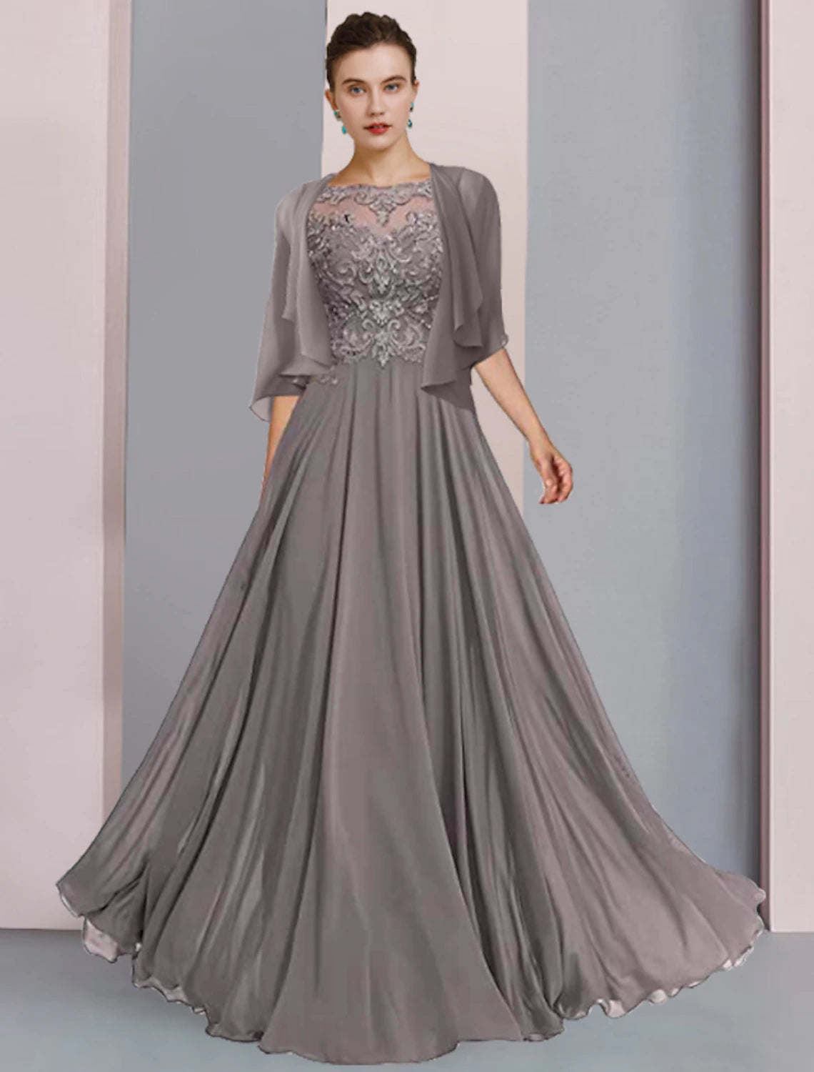 Grey Chiffon A-Line Floor-Length Evening Dress with Illusion Lace Bodice & 3/4 Sleeves