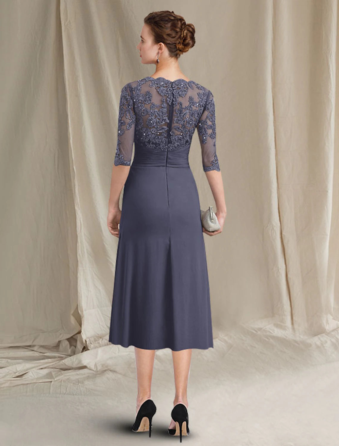 Stormy Chiffon A-Line Tea-Length Dress with Illusion Lace Bodice