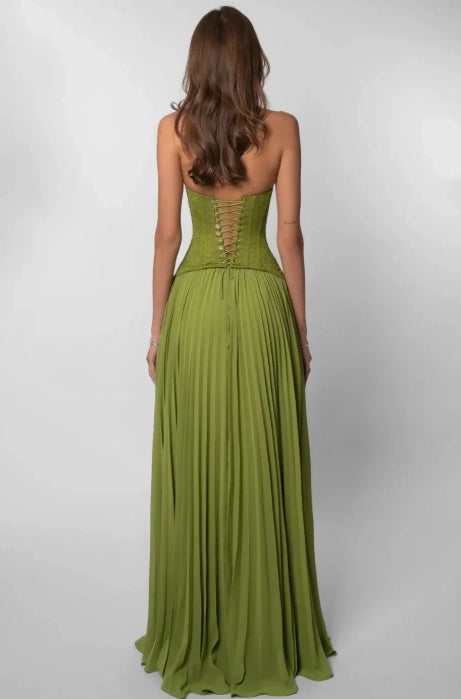 Olive Green Chiffon and Lace A-line Halter Lace-up Back Floor Length Dress Back View - Jimiss