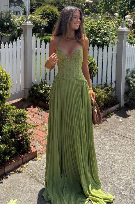 Olive Green Chiffon and Lace A-line Halter Lace-up Back Floor Length Dress Front View - Jimiss