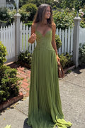 Olive Green Chiffon and Lace A-line Halter Lace-up Back Floor Length Dress Front View - Jimiss