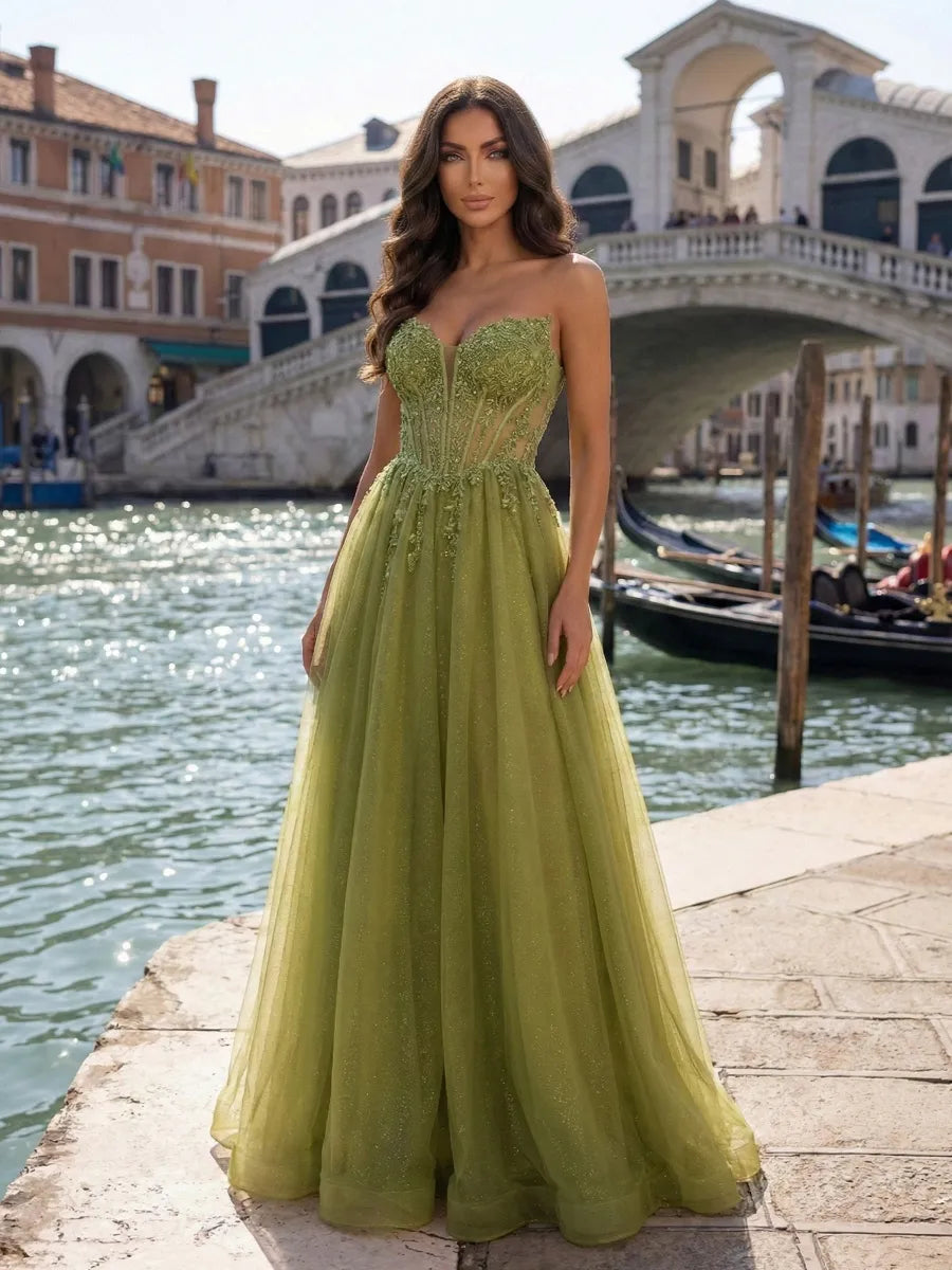 Olive Green Glitter Tulle A-Line Sweetheart Low-Back Floor-Length Dress - Jimiss