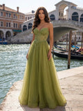 Olive Green Glitter Tulle A-Line Sweetheart Low-Back Floor-Length Dress - Jimiss