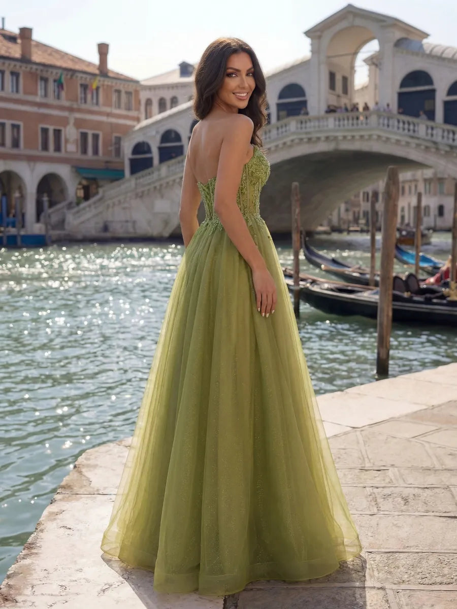 Olive Green Glitter Tulle A-Line Sweetheart Low-Back Floor-Length Dress - Jimiss