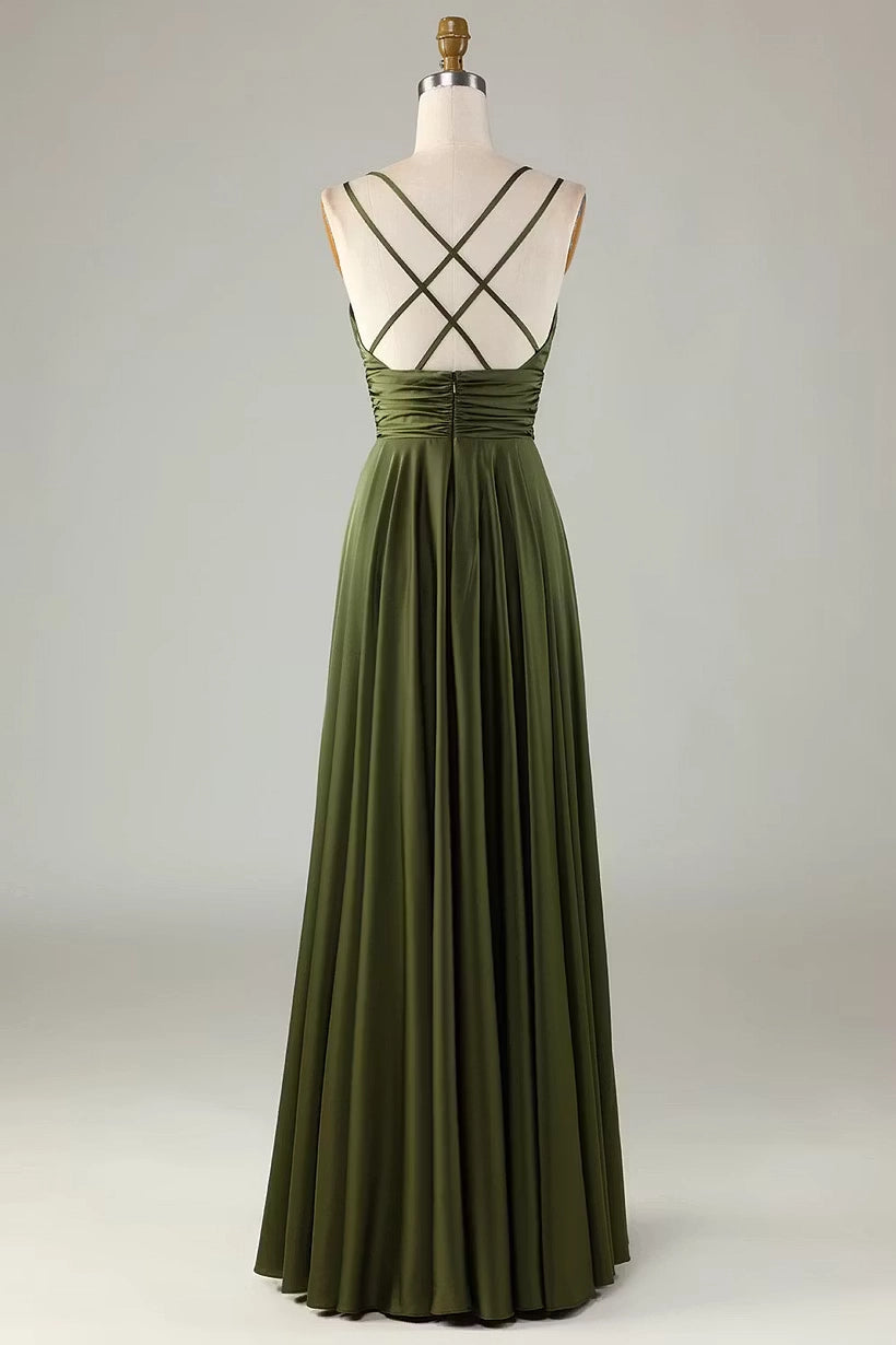 Olive Green Satin A Line V Neck Criss Cross Back Floor Length Dress Back View - Jimiss