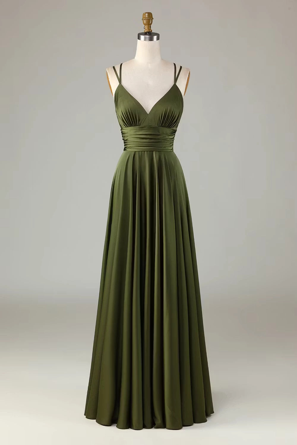 Olive Green Satin A Line V Neck Criss Cross Back Floor Length Dress Front View - Jimiss