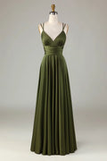 Olive Green Satin A Line V Neck Criss Cross Back Floor Length Dress Front View - Jimiss