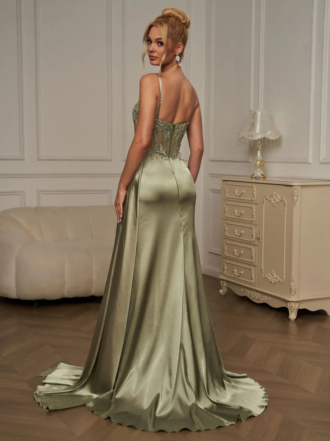 Olive Green Satin & Sequin Lace Sheath Column Sweetheart Floor Length Dress - Jimiss