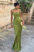Olive Green Satin sheath-column cowl-neck lace-up-back floor-length Dress - Jimiss