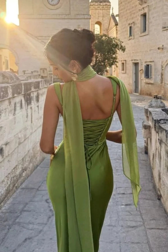Olive Green Satin sheath-column cowl-neck lace-up-back floor-length Dress - Jimiss