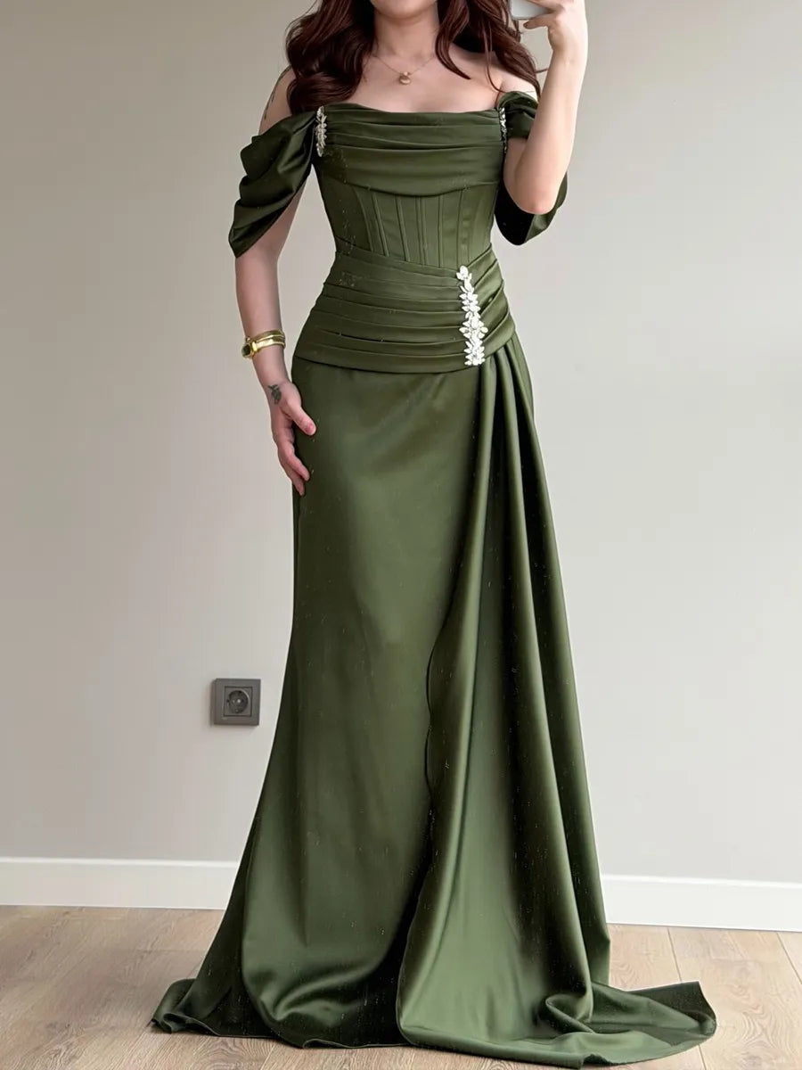 Olive Green Satin Sheath/Column Off-the-Shoulder Back Zip Floor-Length Dress - Jimiss