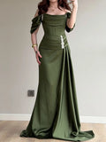 Olive Green Satin Sheath/Column Off-the-Shoulder Back Zip Floor-Length Dress - Jimiss