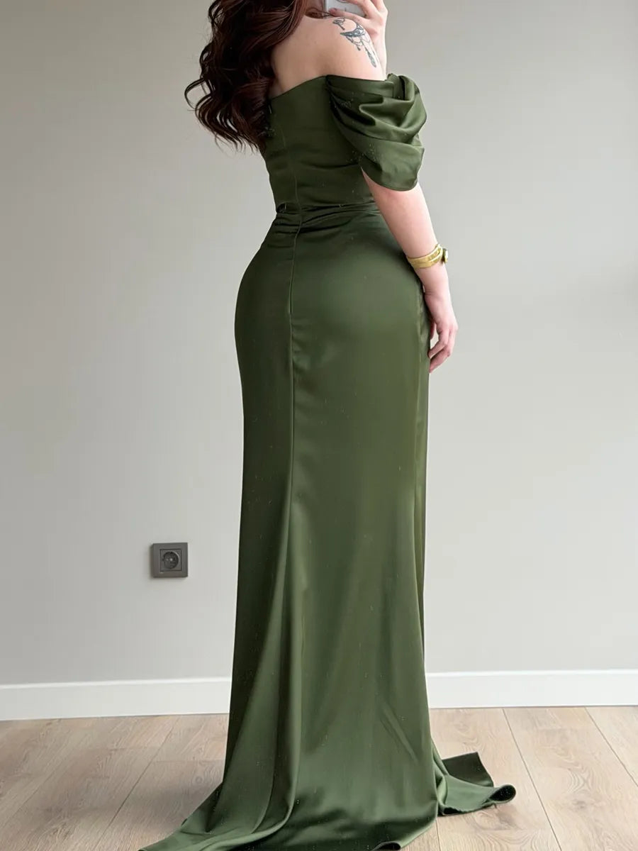 Olive Green Satin Sheath/Column Off-the-Shoulder Back Zip Floor-Length Dress - Jimiss