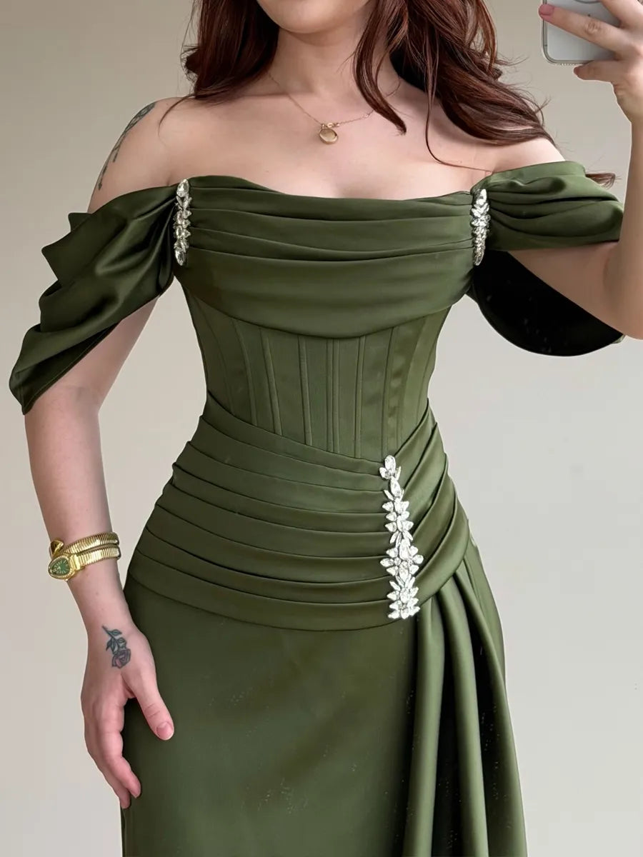 Olive Green Satin Sheath/Column Off-the-Shoulder Back Zip Floor-Length Dress - Jimiss