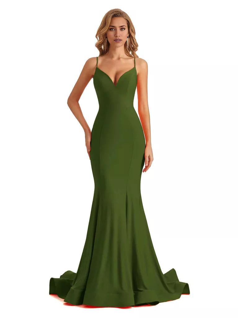 Vestido de dama de honor largo, formal, sin mangas, con escote en V y tirantes finos, de sirena, sexy