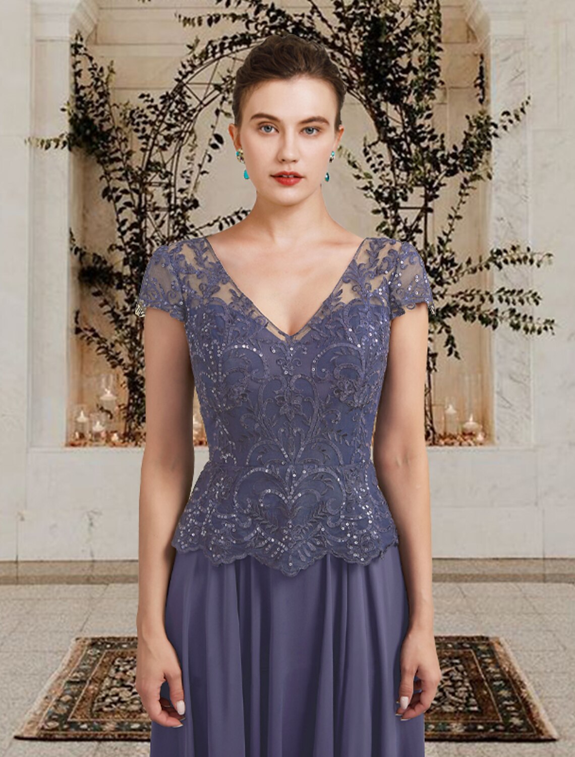 Abito da madre della sposa a trapezio, elegante, taglie forti, con scollo a V, lunghezza al pavimento, in chiffon, pizzo, paillettes, maniche corte con applicazioni a pieghe