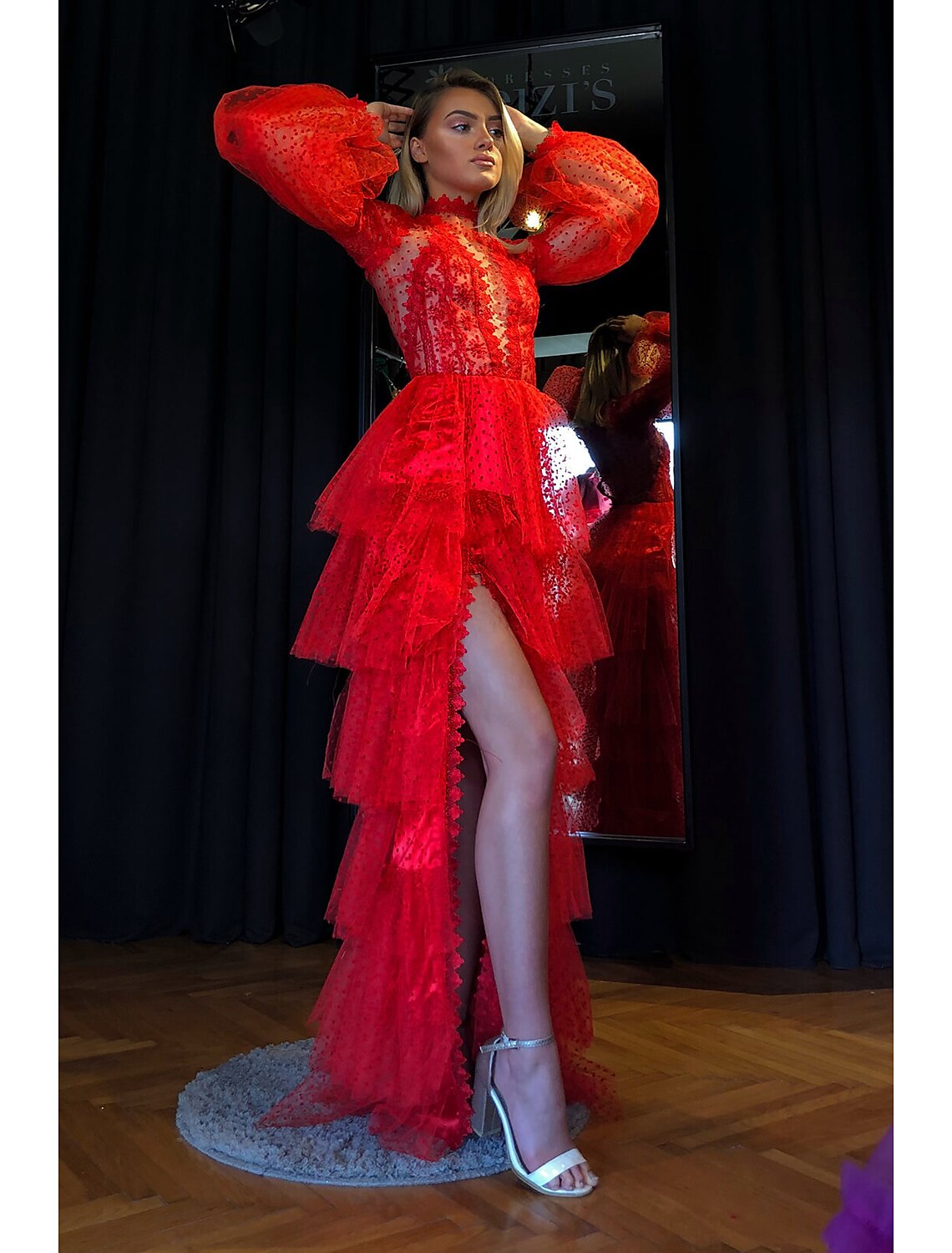 Vestido de fiesta estilo imperio, sexy, con abertura alta, cuello alto, manga larga, largo hasta el suelo, encaje con abertura en el nivel 2025 / mangas abullonadas tipo globo.