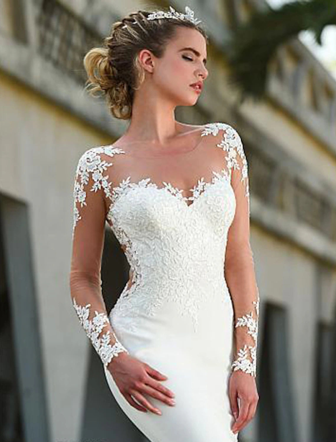 Ivory Satin Mermaid Floor-Length Dress with Illusion Lace Long Sleeves