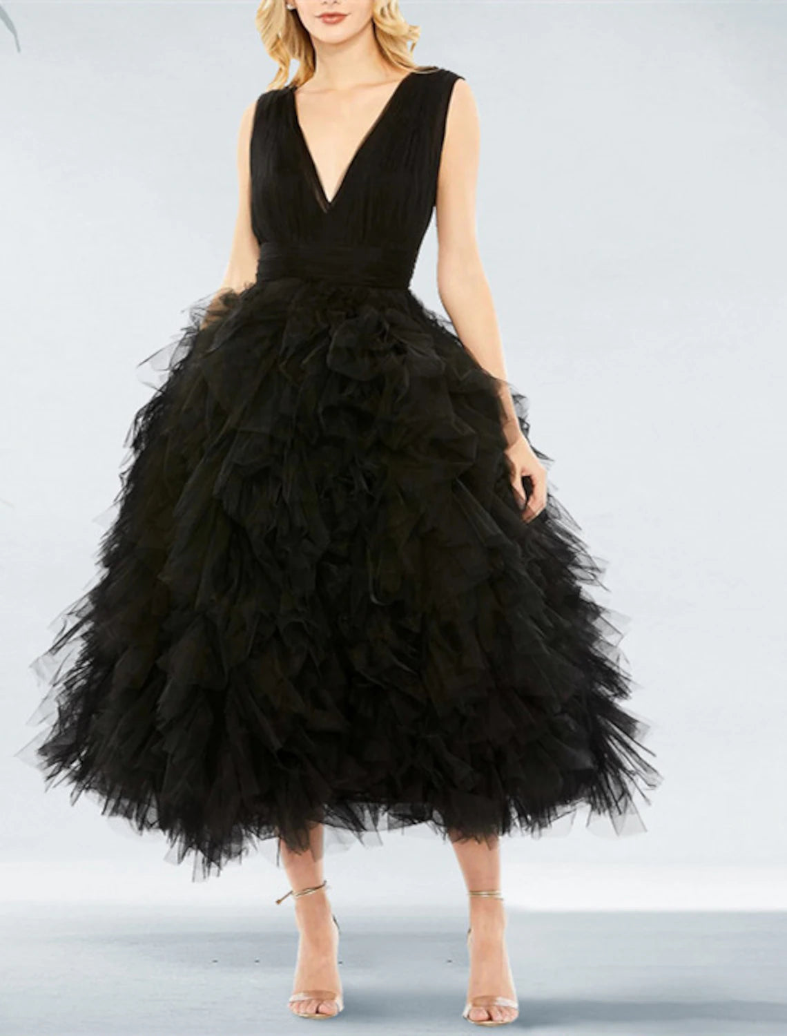 Vestido de fiesta negro, vestido vintage, vestido de boda, fiesta, cumpleaños, largo hasta la rodilla, sin mangas, cuello en V, tul con pliegues