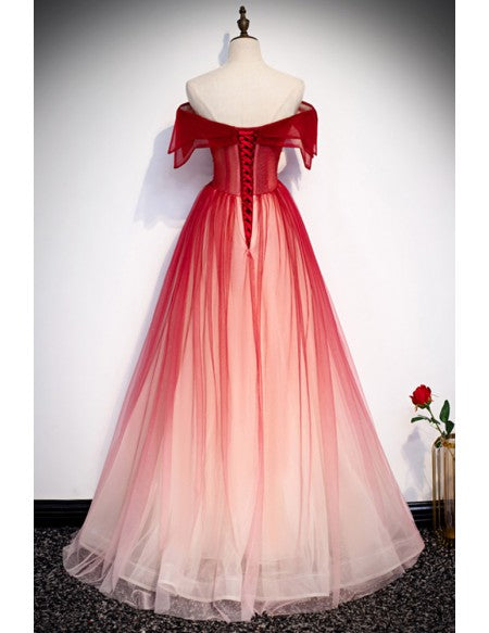 Abito da sera unico e bellissimo, rosso sfumato, con spalle scoperte, maniche corte, perline, stile principessa, senza spalline, schiena scoperta, lunghezza al suolo e spalline.