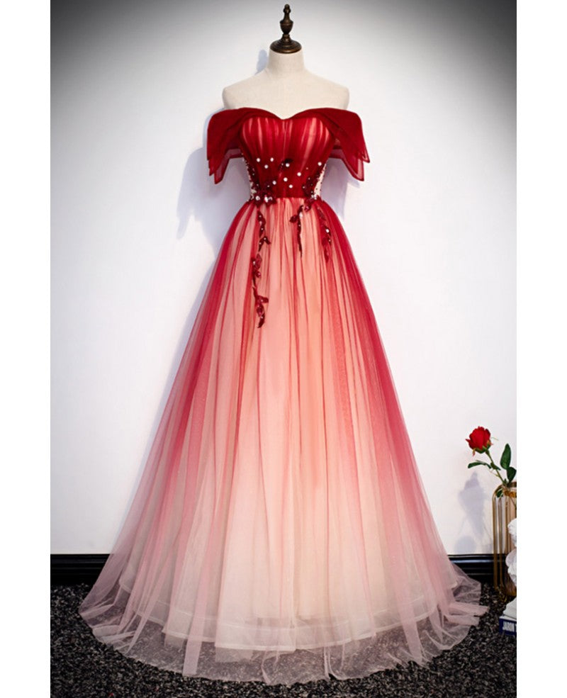 Abito da sera unico e bellissimo, rosso sfumato, con spalle scoperte, maniche corte, perline, stile principessa, senza spalline, schiena scoperta, lunghezza al suolo e spalline.
