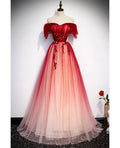 Abito da sera unico e bellissimo, rosso sfumato, con spalle scoperte, maniche corte, perline, stile principessa, senza spalline, schiena scoperta, lunghezza al suolo e spalline.