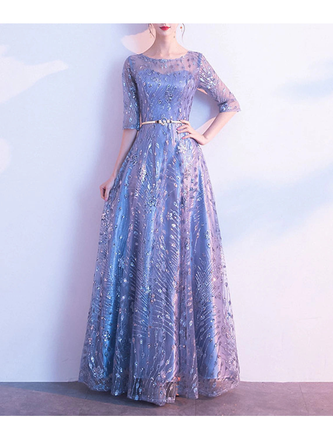 Navy Blue Sequin A-Line Boat Neck Floor-Length Evening Dress for Prom & Bridesmaid