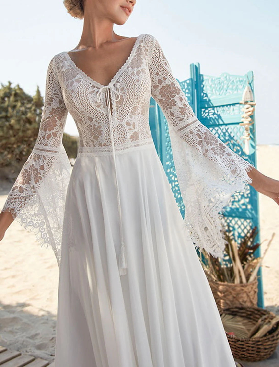 White Lace V-Neck A-Line Floor-Length Bridesmaid Dress