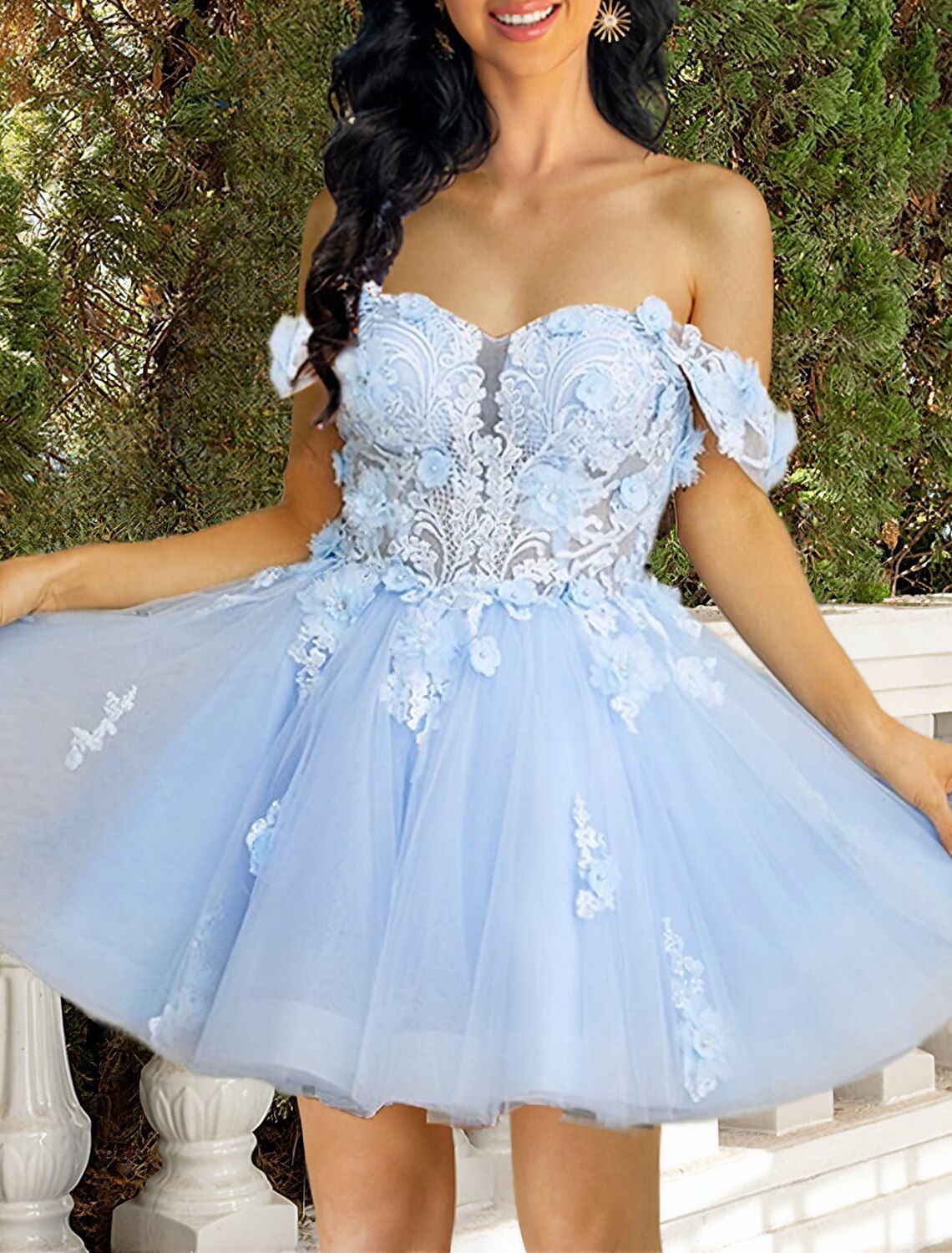 Abiti da ballo a trapezio, corsetti, laurea, compleanno, corto/mini, senza maniche, spalle scoperte, in tulle con applicazioni
