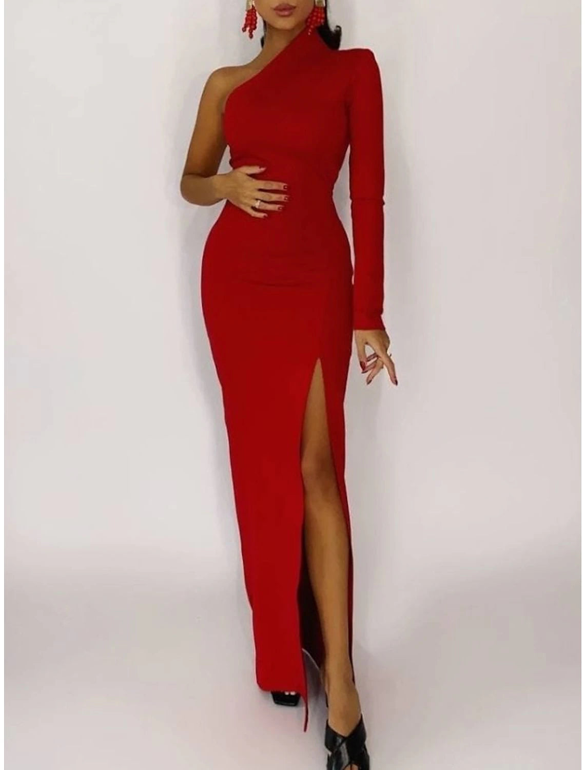 Mermaid Black Dress Plus Size Evening Gown Minimalist Dress Formal Evening Sweep / Brush Train Long Sleeve One Shoulder Fall Wedding Guest  Fabric with Slit Pure Color 2025