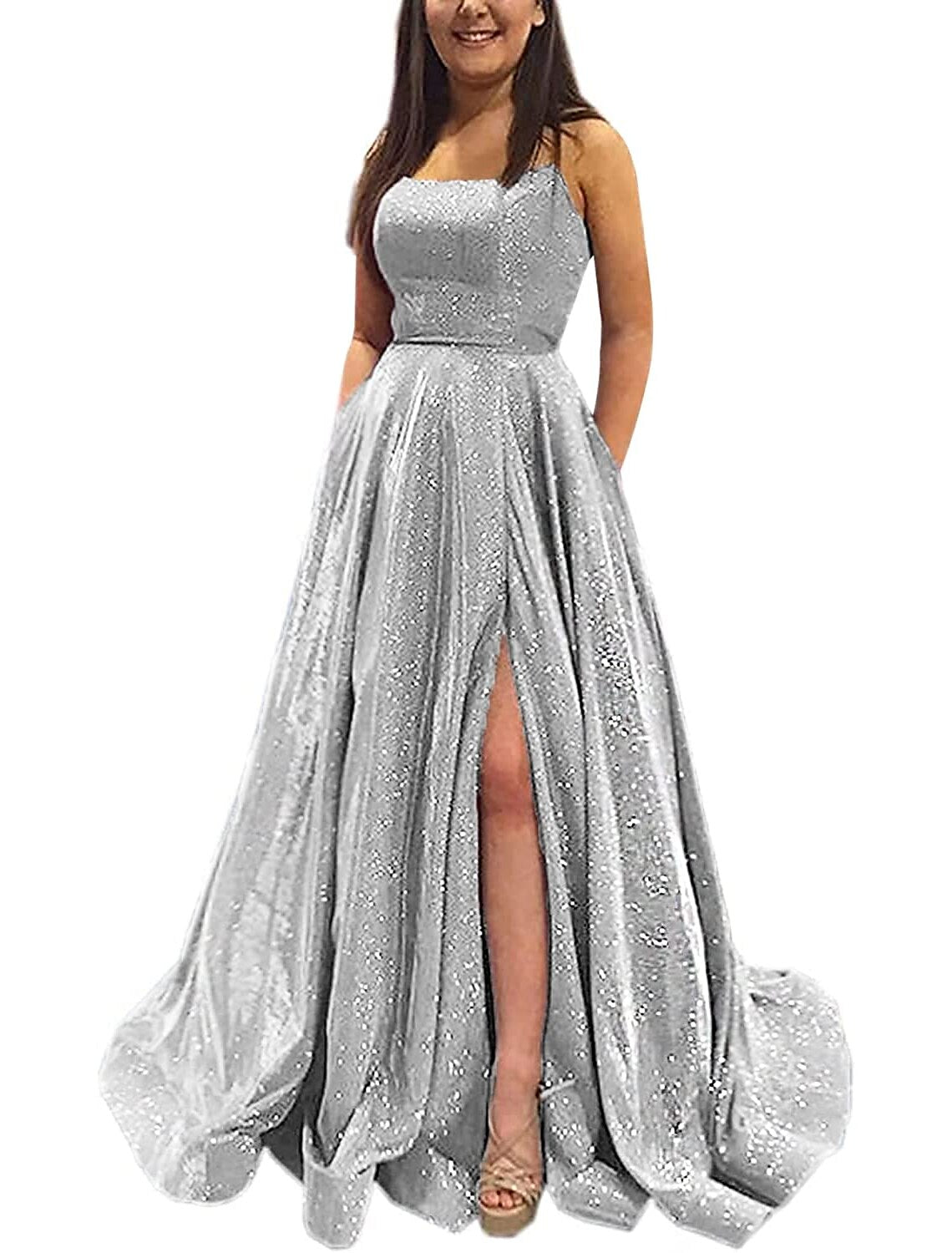 Abiti da ballo a trapezio, scintillanti e brillanti, lunghi fino al pavimento, senza maniche, senza spalline, in raso, senza schienale, con tasca a fessura
