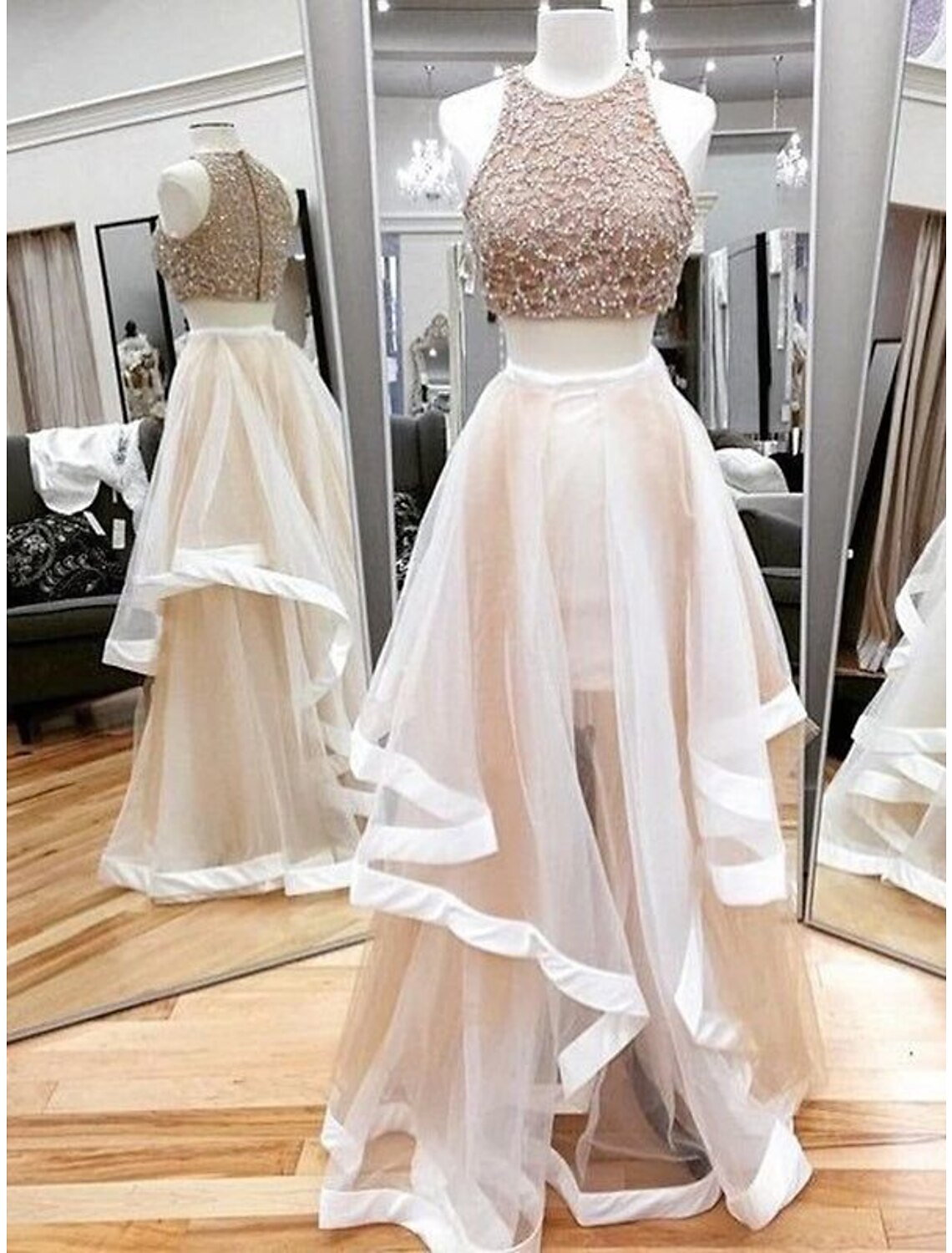 Vestido de fiesta de dos piezas con brillo y pedrería, largo hasta el suelo, sin mangas, cuello halter, organza con lentejuelas