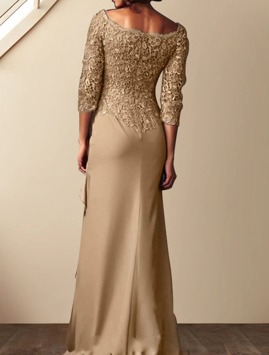 Stormy Lace & Chiffon Boat Neck Sheath/column Floor-Length Evening Dress