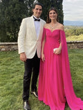 Vestido de noche elegante de corte A, vestido formal para boda, fiesta, cola larga, sin mangas, hombros descubiertos, capas de gasa con pliegues