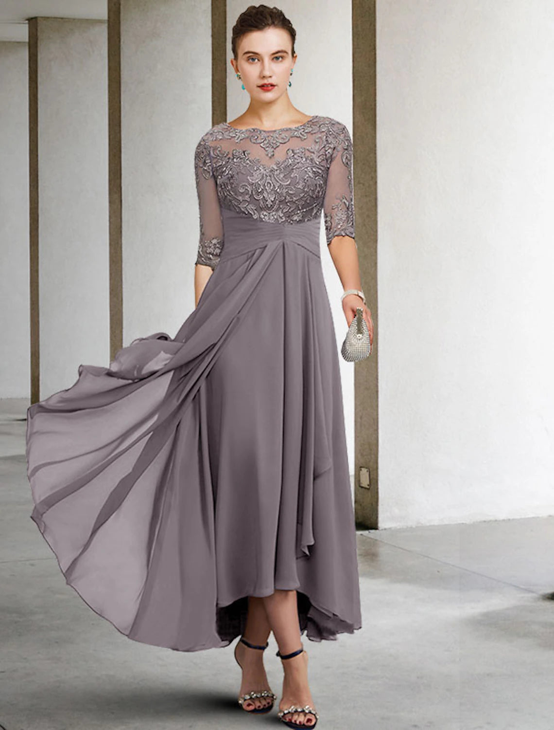 Stormy Chiffon & Lace A-Line Asymmetrical Boat Neck Dress with Draped High-Low Skirt