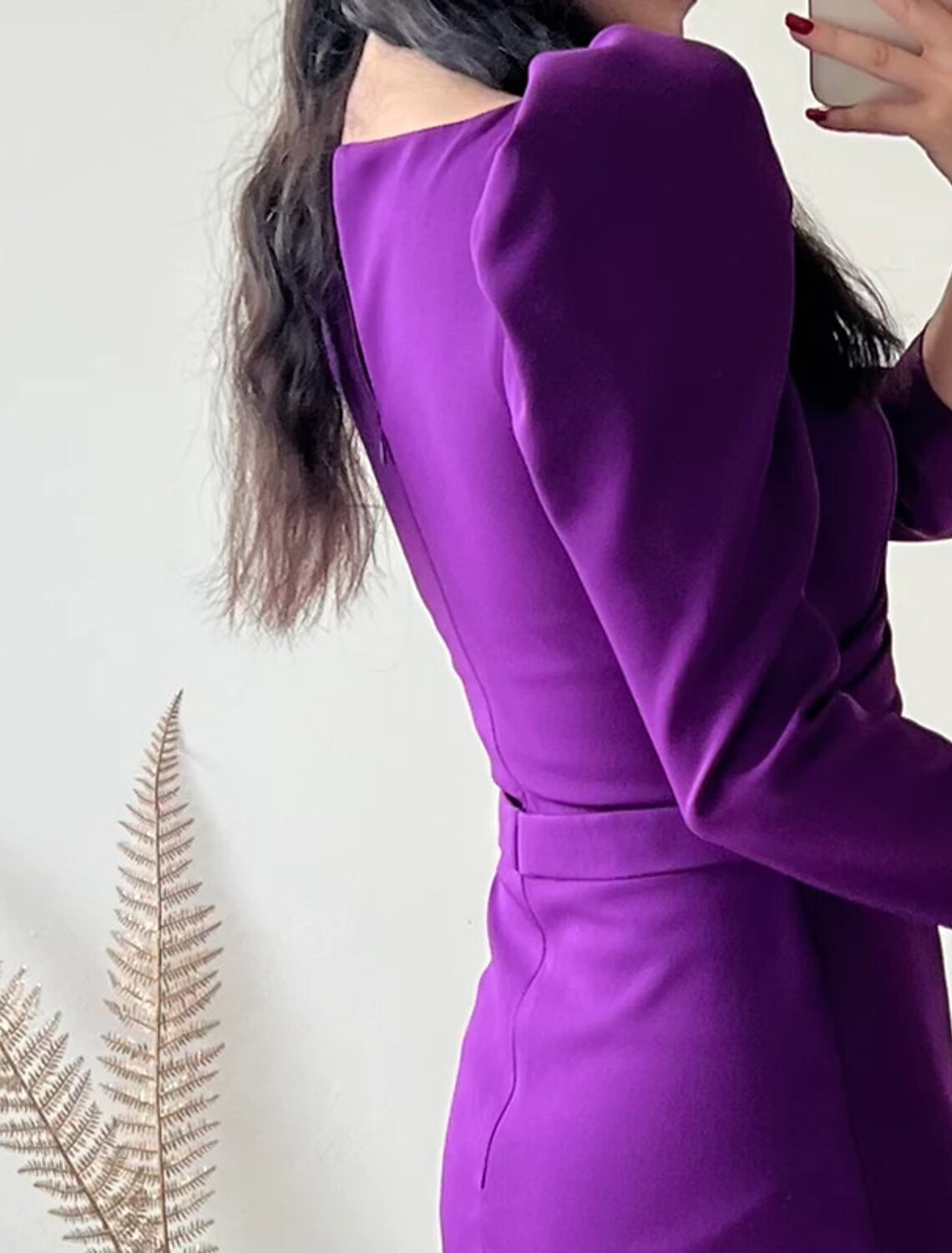 Vestido de noche con corte tubo/columna, color morado, para cóctel, trabajo, formal, largo hasta los tobillos, manga larga, escote en V, tela con faja/cinta y abertura fruncida.